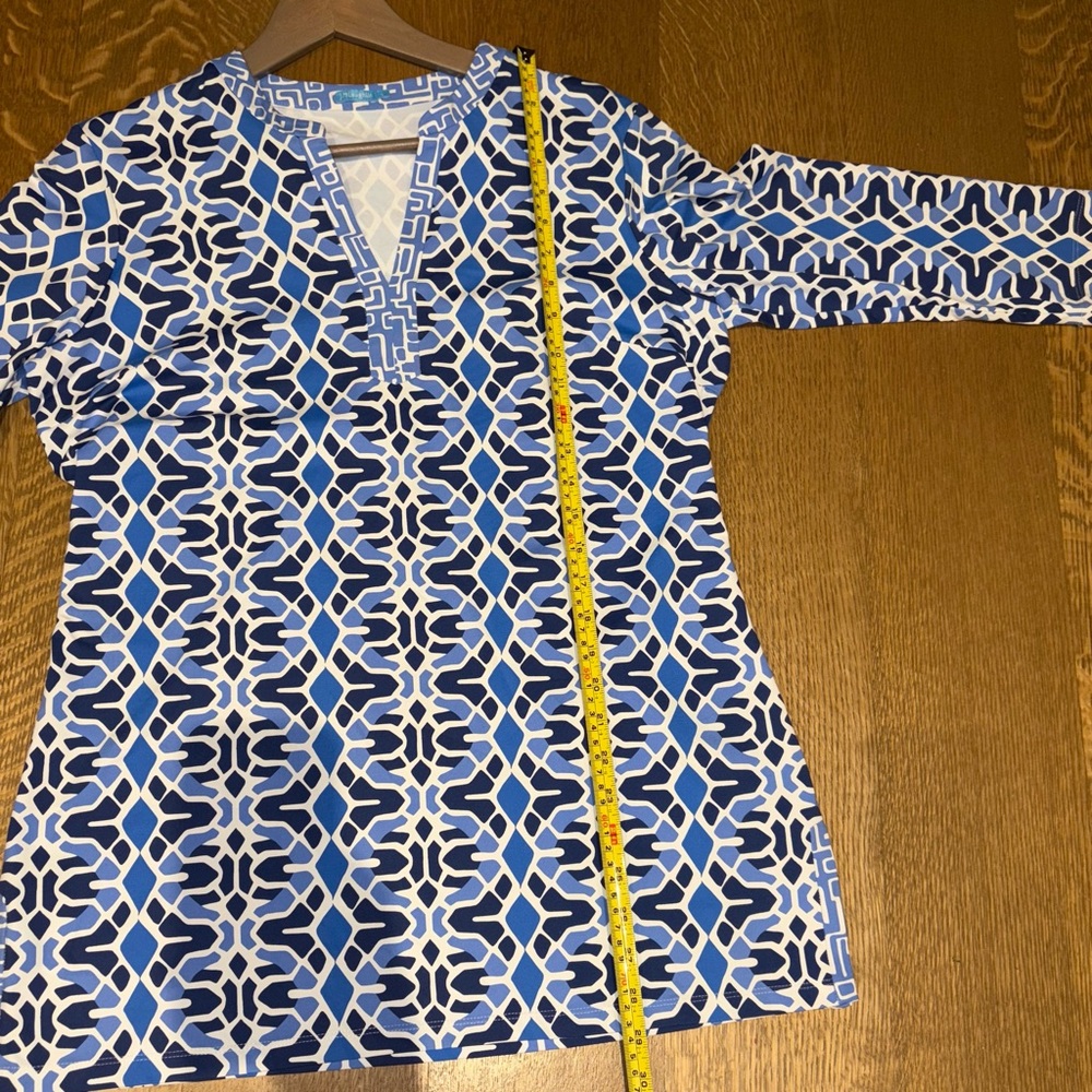 J. McLaughlin Catalina Cloth Tunic Top Size Large Blue White Geometric Coastal - Picture 9 of 12